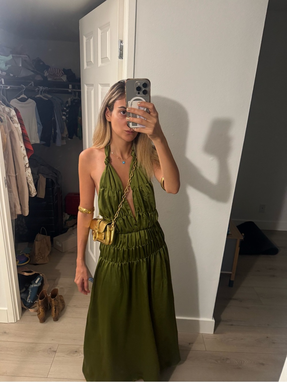 Olive Halter Maxi Dress - Elegant Summer Style size xs. Greek goddess vibes